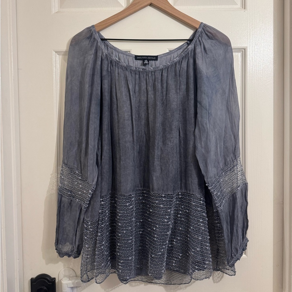 Saks Fifth Avenue Boho Peasant Top L Sheer Textured Blouse Silk Blend Italy